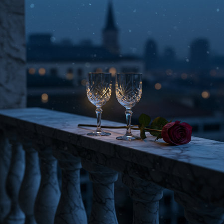 Wine glasses on the balcony overlooking the city at night with red roseの素材