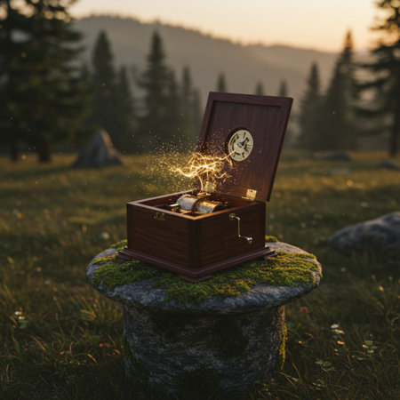 Wooden treasure chest with magic sparks in the mountains at sunset.の素材