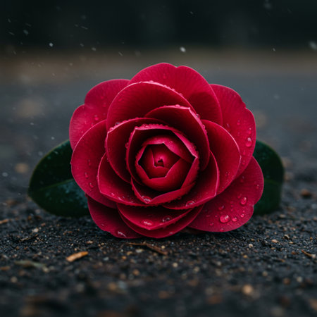 Red camellia flower with raindrops on asphalt background, closeupの素材