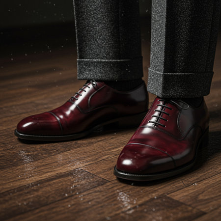 Businessman in black pants and red leather shoes standing on wooden floorの素材