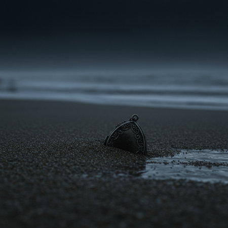 Black pendant in the sand on the beach. Selective focus.の素材