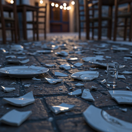 Glass of water and plates on the ground. 3d rendering.の素材