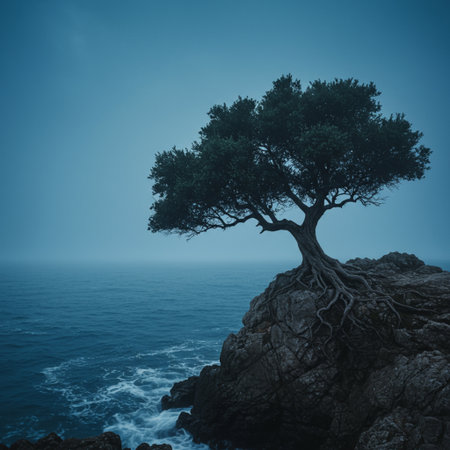 Tree on the cliff in the sea. Nature background. Toned.の素材