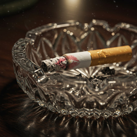 Cigarette in a glass ashtray on a wooden tableの素材