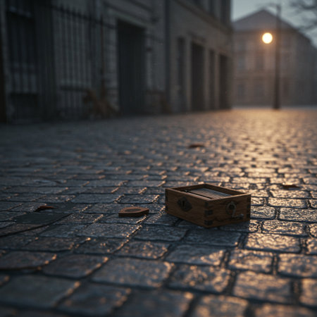 Wooden chest on the cobblestone street in the early morningの素材
