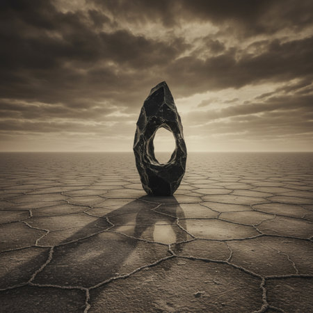 Conceptual 3D black stone in desert with sunset sky backgroundの素材