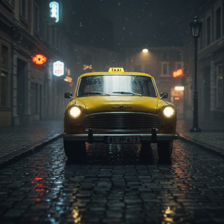 Old yellow taxi car on the street in the rain at night.の素材