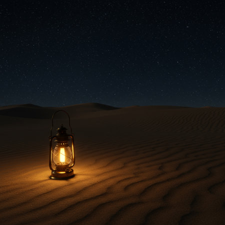 Lantern in the desert at night. 3D rendering.の素材