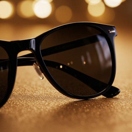Sunglasses in black plastic frame on golden bokeh backgroundの素材