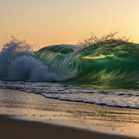 Ocean wave breaking on sandy beach at sunset. Beautiful ocean wave breaking on sandy beachの素材