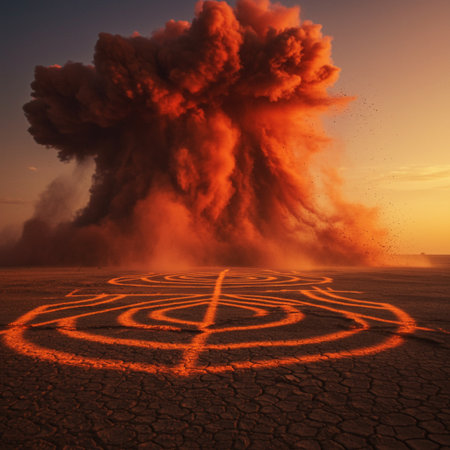 Volcanic eruption in the desert. 3d render illustration.の素材