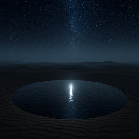 Surreal landscape with a hole in the sand and starry skyの素材