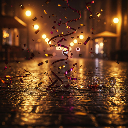 Colorful confetti falling on the floor in the street at nightの素材