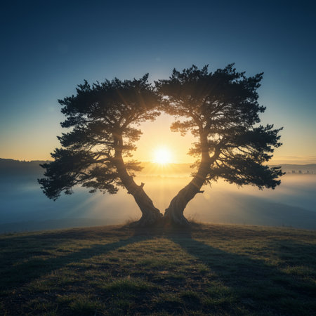Silhouette of a pine tree in the fog at sunrise.の素材