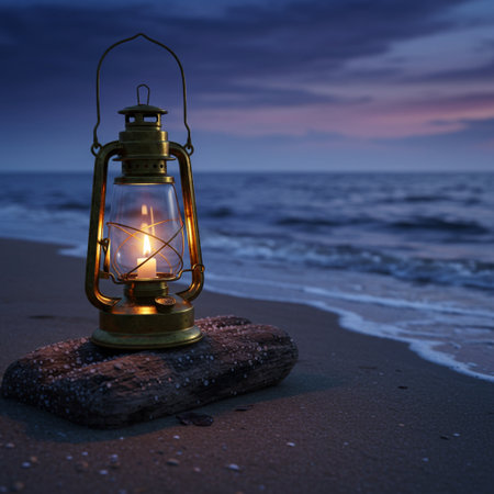 Lantern on the seashore at sunset. 3d renderingの素材