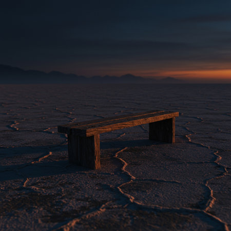 Wooden bench in the desert. 3D render. Sunset.の素材