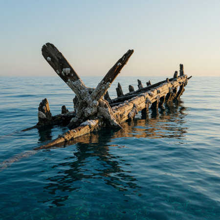 old wooden shipwreck in the sea on a background of blue skyの素材