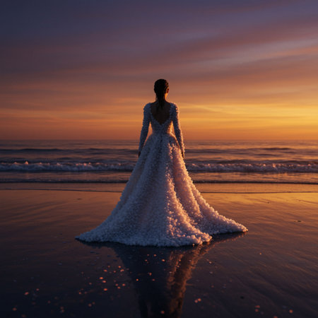Beautiful bride in wedding dress on the beach at sunset or sunriseの素材