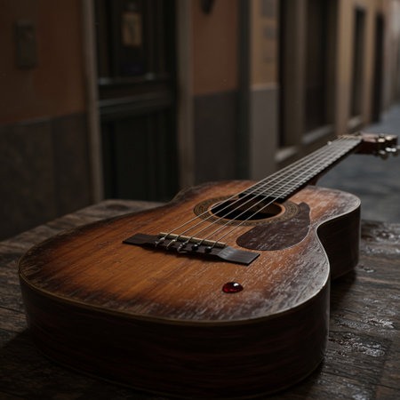 Wooden brown ukulele on the background of a streetの素材
