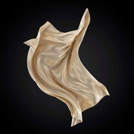 Abstract background of golden wavy silk or satin. 3d rendering image. Image isolated on black background.の素材