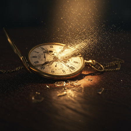 Vintage pocket watch with golden dust on dark background. Selective focus.の素材