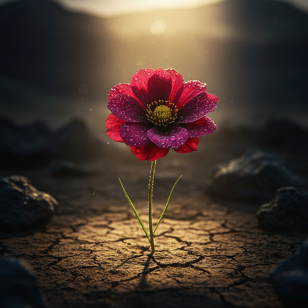 Beautiful flower in the desert with sunrise background. Toned.の素材