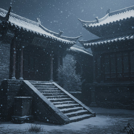 Chinese ancient architecture in the snow. Monochrome toned image.の素材