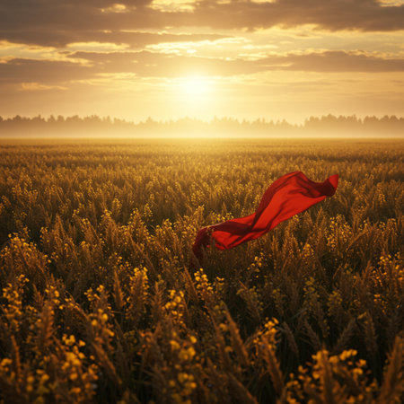 Beautiful sunset over a field of wheat with a red cloth.の素材