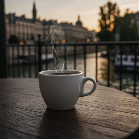 Cup of coffee on the terrace in Paris, France.の素材