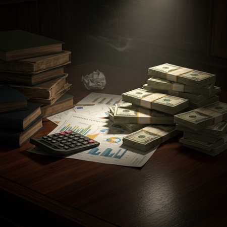 Business concept. Stack of dollar bills and calculator on wooden table.の素材