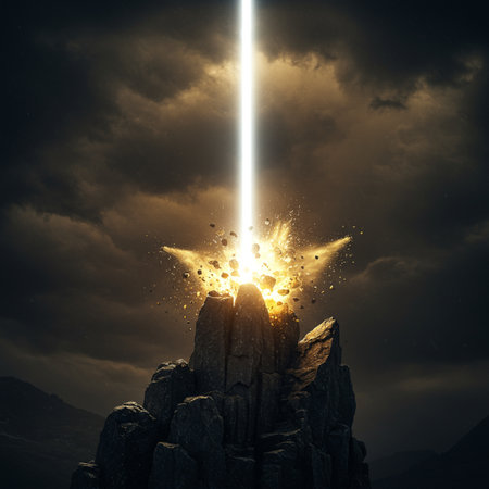Light beam coming from above mountain peak. Mixed media. Mixed mediaの素材