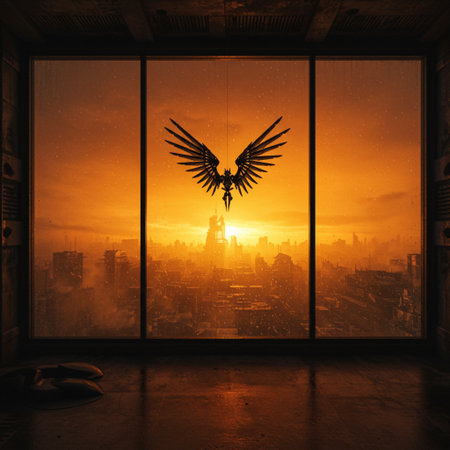 Silhouette of a flying eagle against the background of a cityscapeの素材