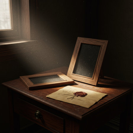 Old photo album on a wooden table in the dark room with sunlightの素材