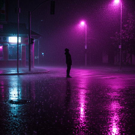 Silhouette of a woman standing in a foggy street at nightの素材