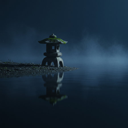 Japanese temple in a foggy morning with reflection in the water.の素材