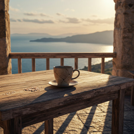 Cup of coffee on a wooden table with sea view at sunsetの素材