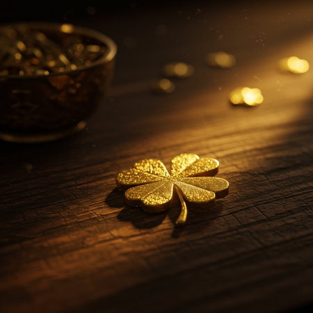 Golden four-leaf clover on a wooden surface with bokeh effectの素材