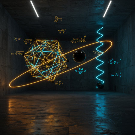 3d rendering of abstract geometric shape in empty dark room with neon lightsの素材