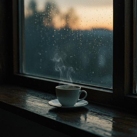Cup of coffee on the windowsill with a view of the winter landscapeの素材