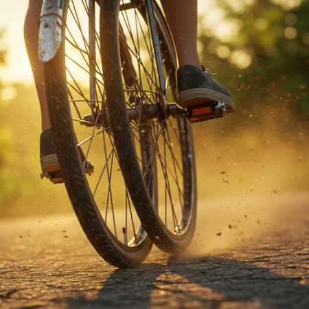Close-up of a cyclist riding a bicycle on the road at sunset.の素材