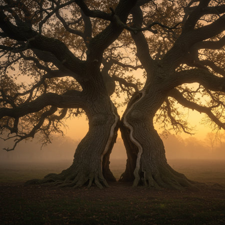 Two old oak trees in a foggy forest at sunrise. 3d renderの素材
