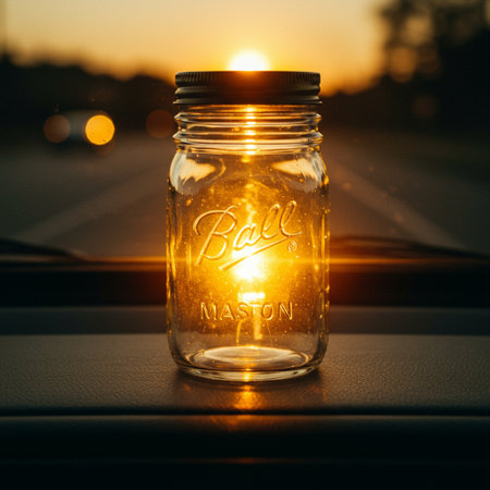 Sunset in a glass jar on the background of the car.の素材