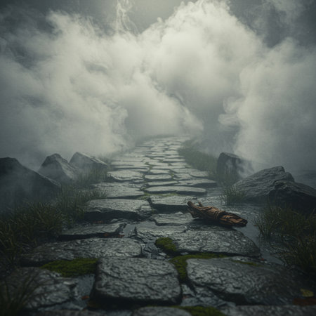 Stone pathway in the foggy forest. Tinted image.の素材