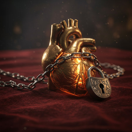 Golden heart with chain and padlock on red velvet background. Love conceptの素材
