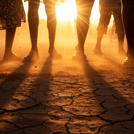 Silhouette of a group of people walking on the dry ground.の素材