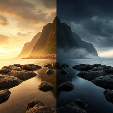 Collage of beautiful seascape with foggy mountain and rocksの素材