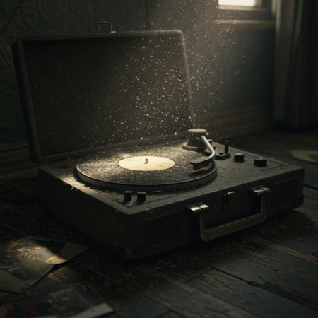 Vintage turntable on the dark wooden floor. Retro music concept.の素材