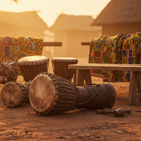 African djembe drums on the ground in the sunset time.の素材