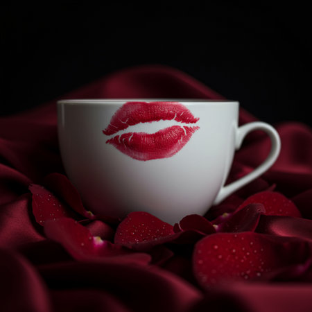 Red lipstick kiss on white cup with rose petals on black backgroundの素材