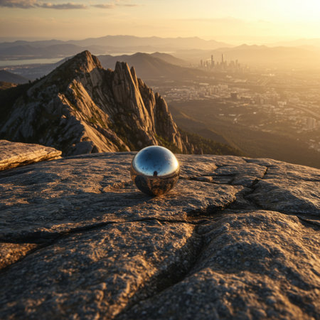 A glass ball on top of a mountain and the city in the backgroundの素材